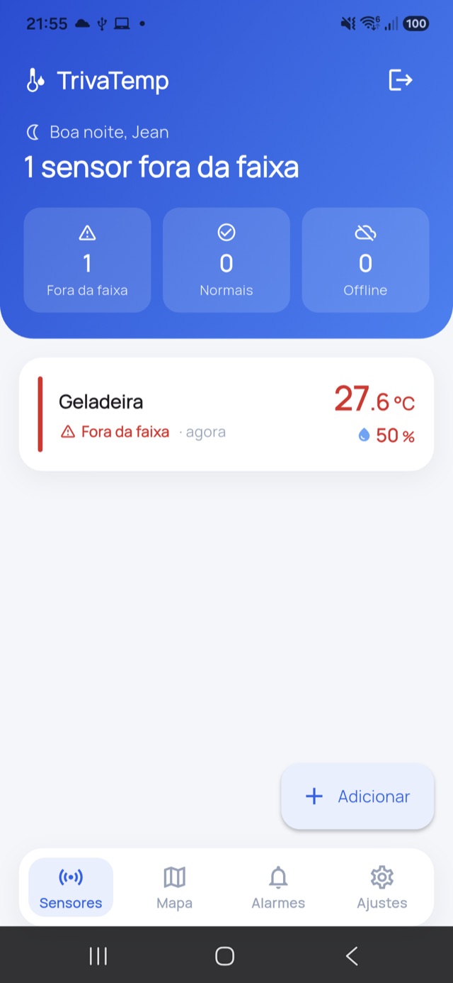 App TrivaTemp: lista de sensores com um fora da faixa